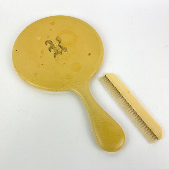 Art Deco Vanity Beveled Mirror and Clothing Brush Set Pyralin Bakelite FLAWS - Picture 1 of 7